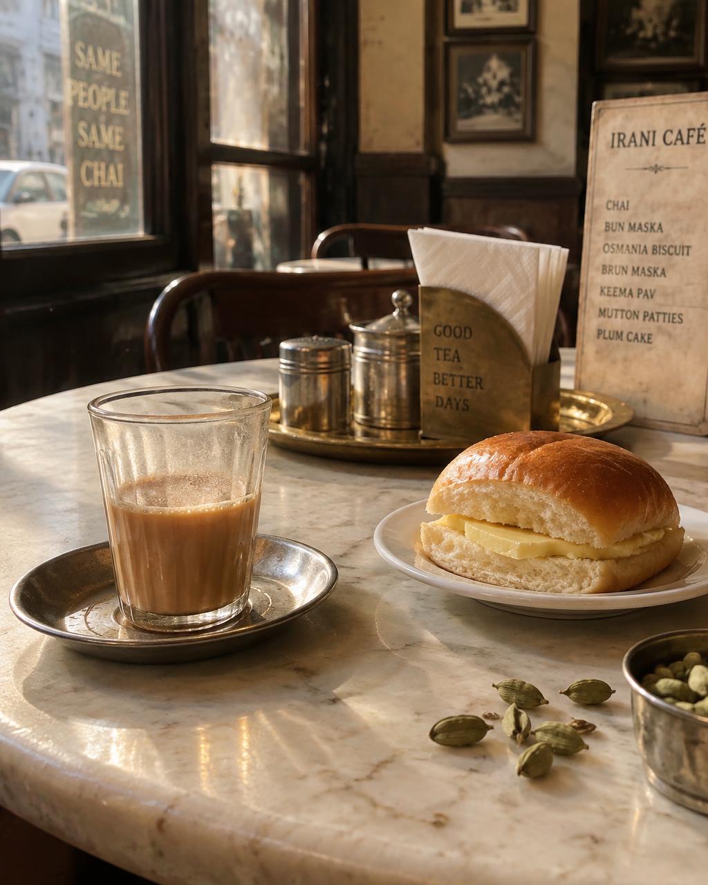 A half-drunk glass of Irani chai with bun-maska on a vintage marble table